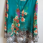 Soft Surroundings  Teal Floral Cheetah Print Henley Button V-Neck Blouse Womens L Photo 0