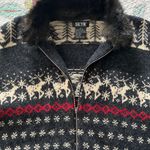 SKYR Nordic Fair Isle Faux Fur Collar/cuffs Wool Cardigan VTG Hong Kong EUC Blue Size M Photo 6