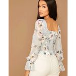 SheIn Blue Floral Chiffon Long Sleeve Ruffle Sleeve Top Size Medium Photo 3