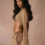 Open Plunge Neck Adjustable Tie Hem Top and Pants Set Tan Photo 2