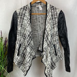 Joseph Ribkoff  Black & White Plaid Open Front Faux Leather Sleeve Sweater 2 Photo 0