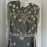 Mac Duggal EMBELLISHED BEADED SEQUINED FRINGE CAP SLEEVE GOWN SZ 8 Platinum Gold Photo 6