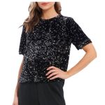 Alex Marie NWT Lia Sequined Crew Neck Short Sleeve StretchVelvet Black Blouse MD Photo 13