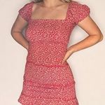 Sim & Sam Red Floral Smocked Mini Dress with Square Neck and Lace-Up Back Photo 0