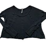 Free People Black Waffle Knit Raw Hem Long Sleeve Crop Top Photo 0