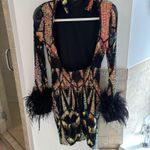 FashioNova Black Sequin Open-Back Mini Dress with Feather Cuffs – Size M Photo 2