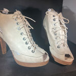 Stuart Weitzman Peep Toe Lace‎ Up Platform Heels, Beige Leather Ankle Boots, Women's Shoes Photo 0