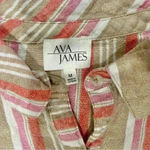 Ava James  Linen Blend Short Sleeve Button Shirt Striped Drawstring Top Size M Photo 1