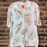Liz & Co  Pink White Floral Color Block Short Sleeve Button Down Top Size Large Photo 0