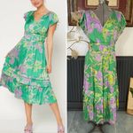 Current Air Sereia Botanical Motif Midi Dress Green Purple Floral - Sz S ๐งก๐ Photo 1