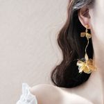 Gold Orchid‎ Drop Earrings Long Statement Floral Jewelry Lightweight Elegant new Photo 1