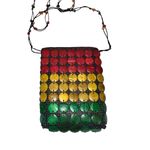 Rasta Boho Wood Beaded Disc Crossbody Bag Multicolor Flower Accent Handmade Brown Photo 4