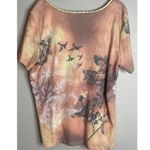 One World Vintage Womens Y2K  2X Top Blouse Satin Trim Birds Boho Floral Romantic Photo 1