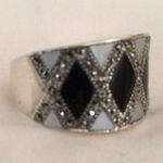Onyx VTG Mother of Pearl Mosaic Inlay Sterling Silver Harlequin Ring Sz 9-1/4 Photo 6