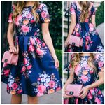 Chi Chi London  US 2 UK 6Navy Blue Floral Print Pleated Full Skirt Formal Dress Photo 2