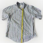 Ann Mashburn Button Down Shirt S elbow sleeve frill Linen Poplin Blue Pink Strip Photo 8