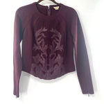 a.moss Burgundy Embroidered Mesh Long Sleeve Zip Back Moto Ponte Top Size Small Photo 0