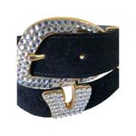 Cache  Black Suede Leather Gold METAL Hardware Rhinestones 1 1/4" Wide Belt Photo 0