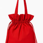 Red Canvas Drawstring Tote Bag with Ruffled Top – Casual Everyday Shoulder Bag Photo 0