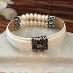 Pearl & Leather Choker & Bracelet Sterling Silver White Photo 5