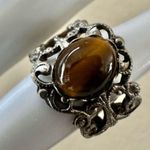 Boho silver tone Filigree Tiger’s Eye Ring Photo 0