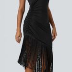 Halara Round Neck Sleeveless Ruched Fringe Bodycon Midi Resort Dress S NWT Photo 2