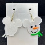 Snowman Mickey Earrings with Green Scarf & Gold Hooks White Photo 2