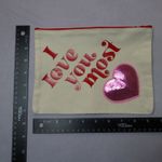 I Love You Most Pink Sequin Heart Patch Red Zipper Canvas Handmade Makeup Bag Photo 2