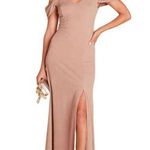 Birdy Grey  Dev V-Neck Cold Shoulder Evening Gown With Slit Crepe Taupe M READ Photo 0