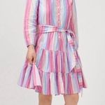 J.Crew  Belted Metallic Stripe Tiered Mini Dress Medium Petite Pink Purple Blue Photo 0