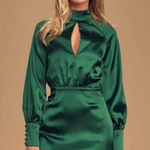 Lulus Delightful Endeavor Emerald Green Satin Long Sleeve Mini Dress Photo 0
