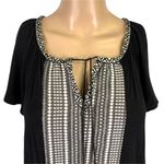 W5  Womens Peasant Top Blouse Shirt V Neck Woven Detail Pullover Black White Med Photo 1