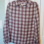 Loft  LADIES MEDIUM‎ pink and black plaid half button shirt Photo 0