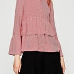 ZARA Trafaluc Shirt Womens XS Red White Striped Long Sleeve Ruffle Blouse Top Photo 0