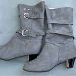 Women Gray Faux Suede Heeled Boots with Slouchy Design and Silver Buckles Size undefined Photo 3