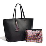 Victoria's Secret Large Black Faux Leather Tote Bag Tassel Rainbow Sequi… Photo 2