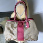 Coach  signature stripe framed carryall khaki satchel with pink leather trim Photo 1