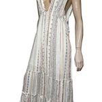 VICI Women’s Size S Cream Red Blue Deep V-Neck Sleeveless Tassel Side Maxi Dress Photo 0