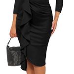 Women’s Black Asymmetrical Ruffled Midi Dress 3/4 Sleeve Zip Back Size M NEW Size M Photo 0