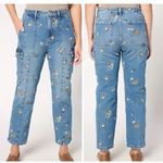 Driftwood  Blue Floral Embroidered Cropped Jeans Royce Straight Leg Cargo Denim Photo 6