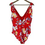 Catalina NWT  One Piece Swimsuit Womens L Red Tropical Floral Ruffle V-Neck Photo 2