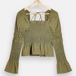 Topshop  Green Shirred Long Sleeve Peplum Hem Blouse Photo 2