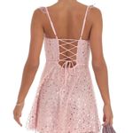 Lucy in the Sky  Pink Sparkly Mini Dress Sequin Ruffle Strap Tie Back Homecoming Dress Photo 1