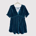Free People  Dress Blue Ivy Mini Velvet V Neck Short Sleeve A Line Boho Small Photo 2