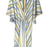 Eloquii  Striped V-Neck Bell Sleeve Midi Dress in Blue/Yellow/White Photo 0