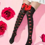Lips Kiss Mesh Thigh High Stockings Bow Decor Valentines Day Over The Knee Socks Photo 10