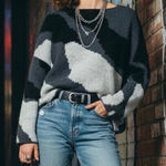 VICI Sweater Womens S Gray Black Fuzzy Abstract Boxy Boat Neck Artsy Indie 90s Photo 0