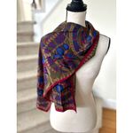 Vintage 80s Olive Cobalt Blue Burgundy Silk Lotus Floral Paisley Scarf Photo 1