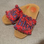 Chloé | Red and Blue Fringe Woody Tapestry Slides Size 36 Photo 1