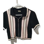 Medium women cropped zip front sweater short sleeve Pink black collar retro look Photo 0